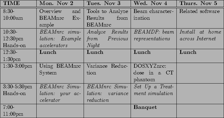 \begin{figure}\vspace*{2cm}\begin{tabular}{\vert p{2.3cm}\vert p{3.1cm}\vert p{3...
...\hline
7:00-11:00pm& & & \bfseries Banquet& \\
\hline
\end{tabular}\end{figure}% WIDTH=758 HEIGHT=401 