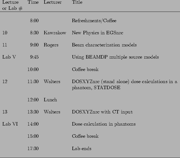\begin{figure}\vspace*{2cm}
\begin{tabular}{lrll}
Lecture ~~& Time& Lecturer~~~~...
...ffee break\\
&&&\\
&17:30&&Lab ends\\
&&&\\
\hline
\end{tabular}\end{figure}% WIDTH=683 HEIGHT=599 