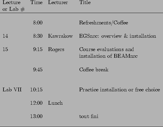 \begin{figure}\vspace*{2cm}
\begin{tabular}{lrll}
Lecture ~~& Time& Lecturer~~~~...
... Lunch&\\
&&&\\
&13:00 & &tout fini\\
&&&\\
\hline
\end{tabular}\end{figure}% WIDTH=562 HEIGHT=438 