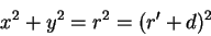 \begin{displaymath}
x^2 + y^2 = r^2 = (r' + d)^2
\end{displaymath}