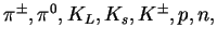 $\pi^{\pm}, \pi^0, K_L,
K_s, K^{\pm}, p, n,$
